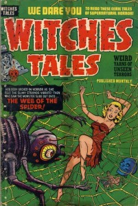 araignée dans la BD (bande dessinée) - couverture de Witches Tales n° 12 publiée chez Harvey Comics en juillet 1952. 